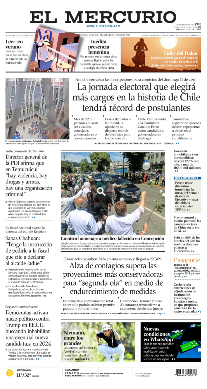 En contra Irregularidades A rayas Portadas Prensa Nacional – Martes 12 de enero de 2021 – MEDIABANCO Agencia  de Noticias – Chile